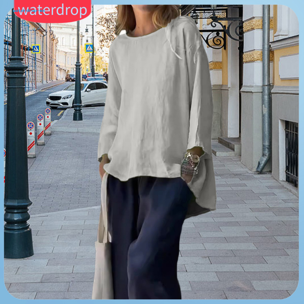 Women’s Cotton Linen Long Sleeve Top Breathable Loose Fit Tee Shirt Round Neck Lightweight Solid Color Blouse – Comf