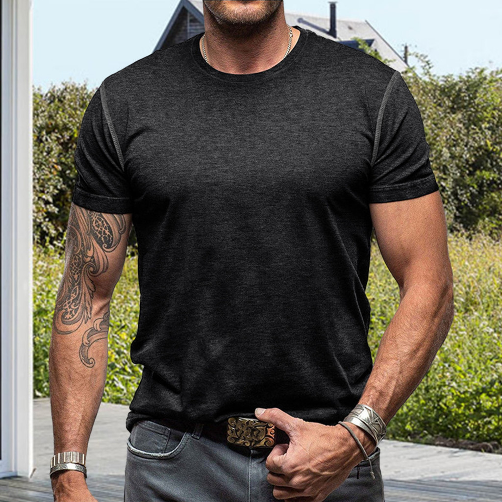 Classic Men T-shirt Short-sleeve Top Men’s Cotton Round Neck Solid Color Short Sleeve Tee Pullover for Sports Gym Trav