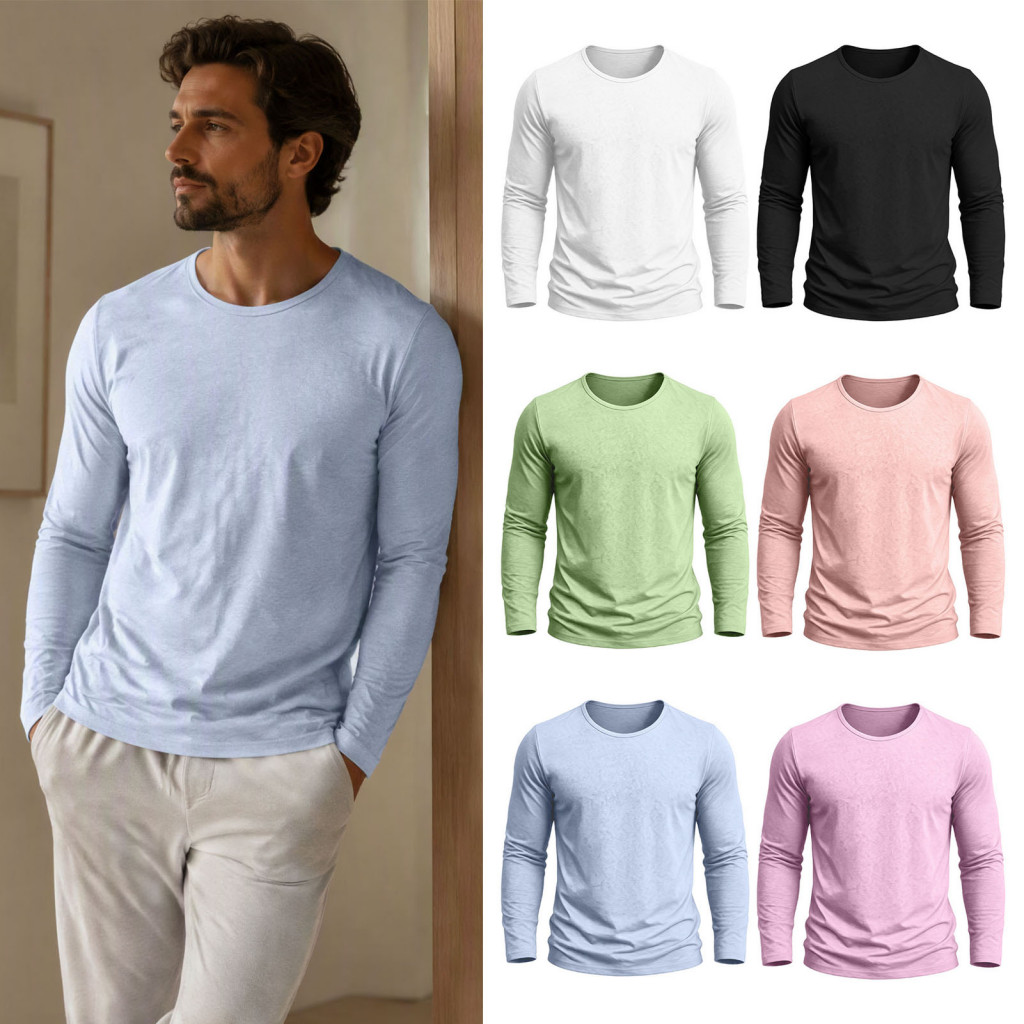Skin Friendly Crewneck Shirt Casual Round Neck Tops Men's Long Sleeve Cotton Linen Breathable Solid Color Base Layer Lig