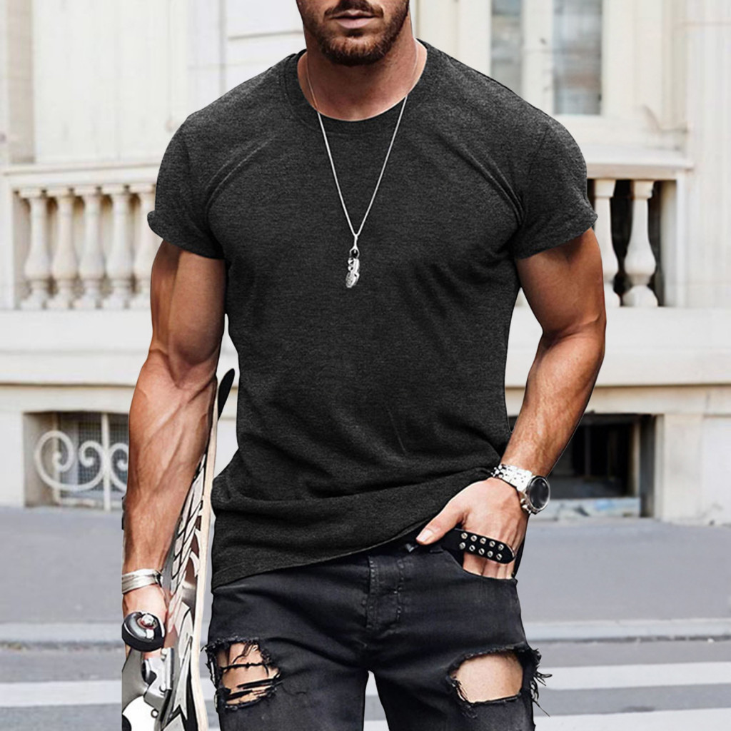 Round Neck Men Top Lightweight Tee Men’s Cotton Blend Vintage Solid Color Short Sleeve T-shirt Summer for Sports Gym S