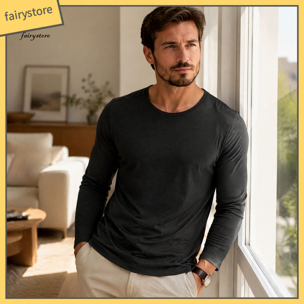 Relaxed Fit Commuter Pullover Casual Round Neck Tops Men's Long Sleeve Cotton Linen Shirt Breathable Solid Color Crewnec