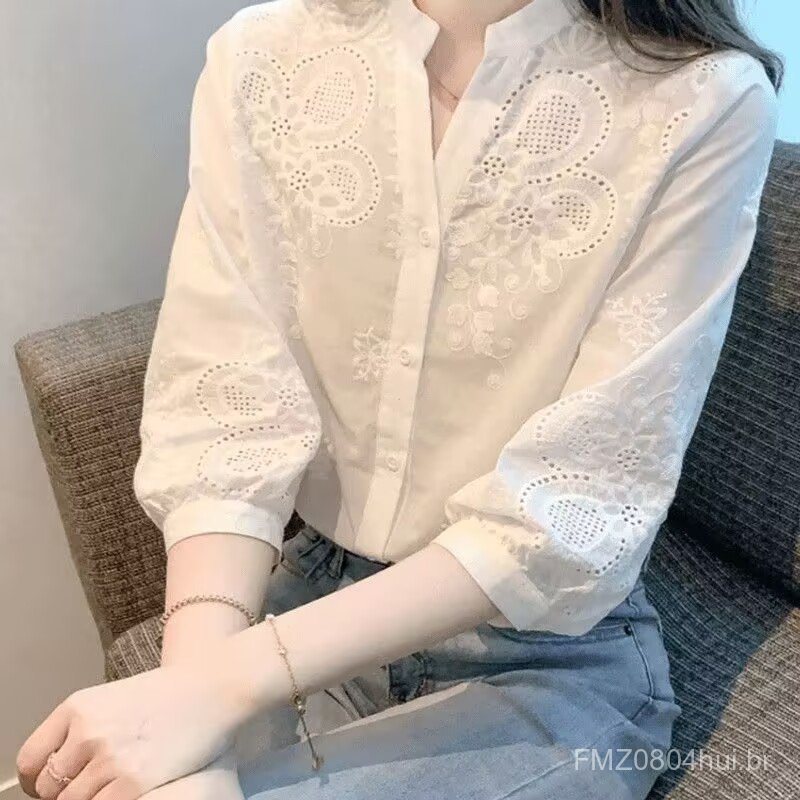Women's Pure Cotton Solid Color Shirt, New Summer 2026 Collection, Embroidered Three-Quarter Sleeve, V-Neck, Stylish P1R
