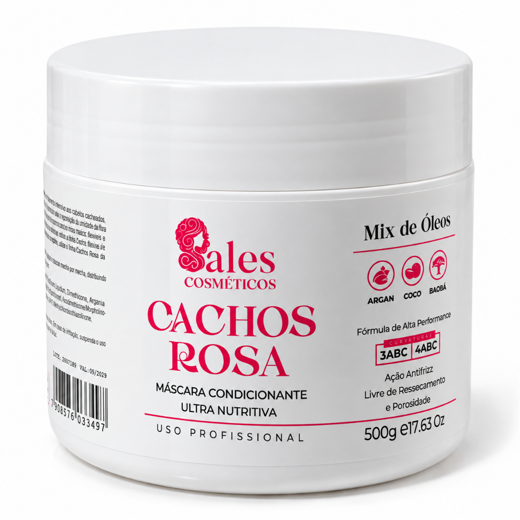 Máscara Cachos Rosa Sales Cosméticos 500g - Ultra Nutritiva Mix de Óleos Argan Coco Baobá - Antifrizz Curvaturas 3ABC 4A