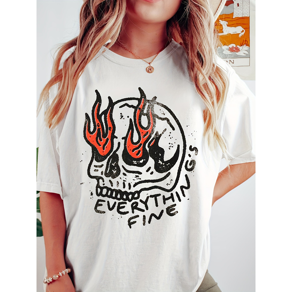 Camiseta Feminina Letter Skull Vintage Hippie Rock Estilosa Confortável Moderna Primavera