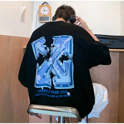 Camiseta Setas Azuis American Streetwear T-shirt Solto Moda Estilo Roupas Versáteis Hip Hop Novo!