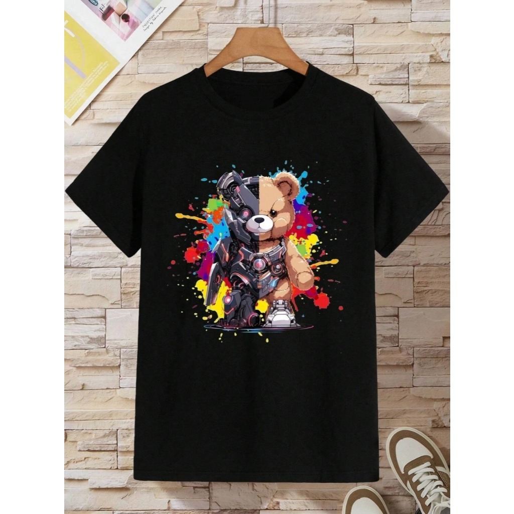 Camiseta De Algodão estampada urso guerreiro mech t-shirt casual hip hop