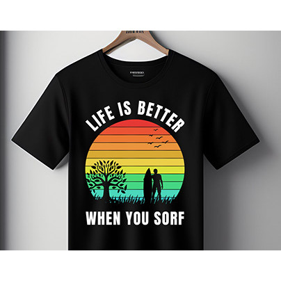 Camiseta Unissex Estampa Surfista Por do Sol Retrô Arco‑Íris Frase Life Is Better When You Surf Estilo Praia Confortável