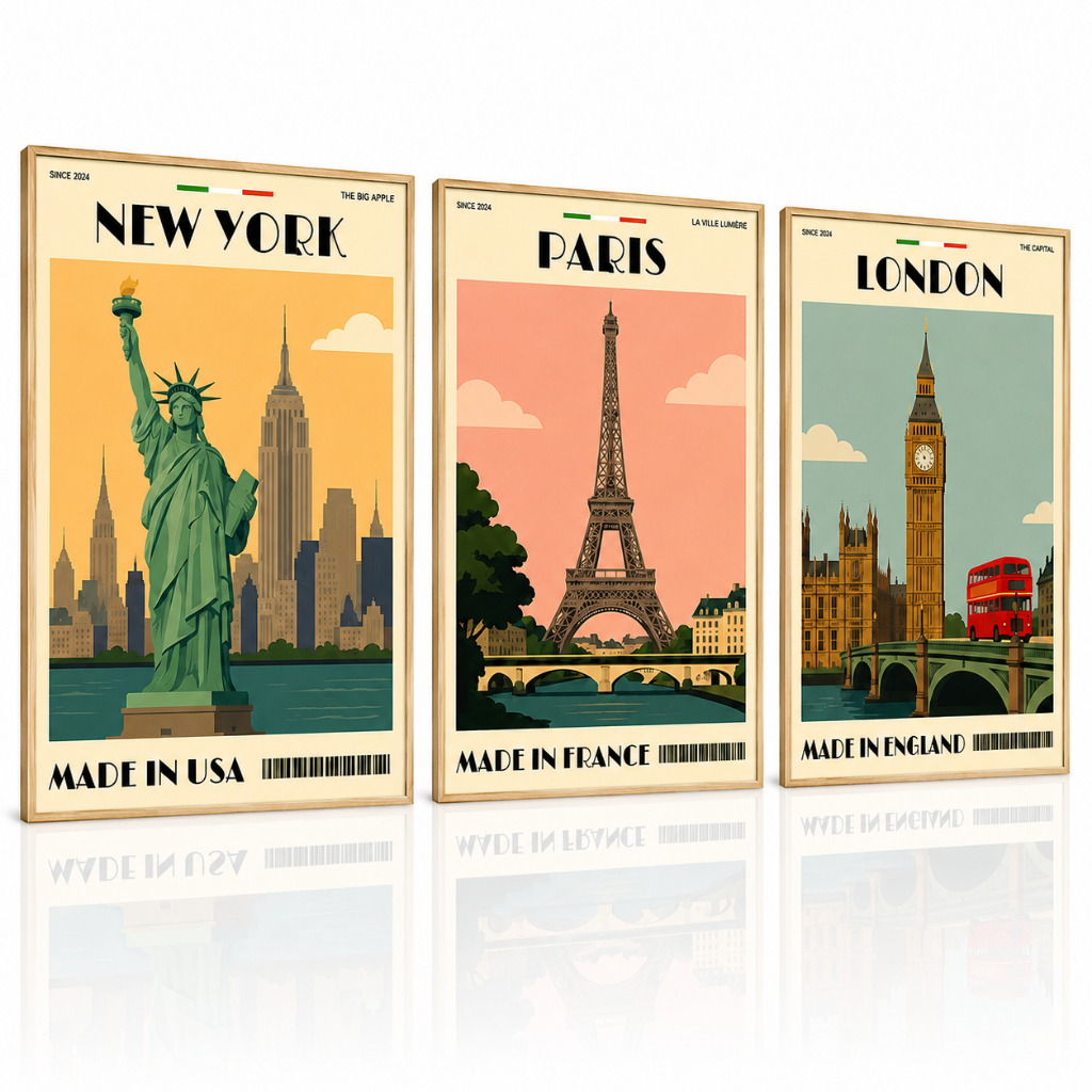 Quadros Decorativos 3 Peças Sala Tríptico Cidades Icônicas – New York, Paris e London