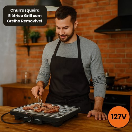 Churrasqueira Eletrica Grill Grelha Removivel Portatil Compacta Facil Limpeza 127V Preta