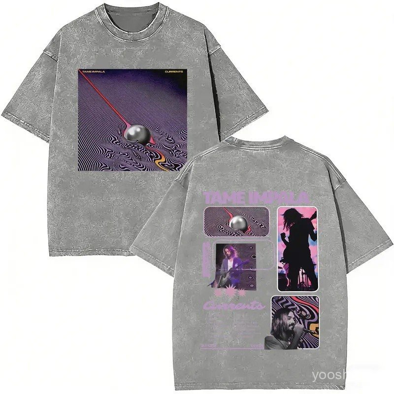 2027 Cool Vintage Washed Pop Rock Band Tame Impala Currents Double Sided Print T Shirt Men Women Clothing Casual Cotton