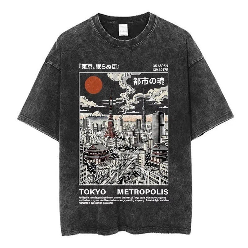 Hot Osaka Dotonbori Japan Illustration Double-sided Print T-shirts Vintage Washed Japanese Style Cityscape Cotton Top Te