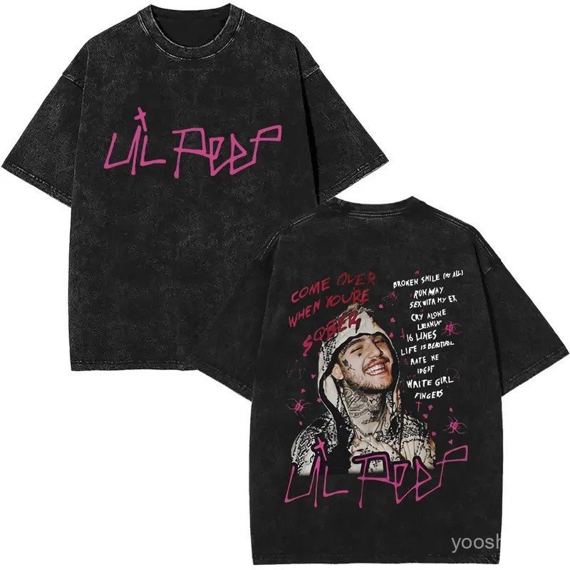 Washed Vintage Rapper Lil Peep Double Sided Print T-shirts Men Women Fashion Hip Hop Oversized Short Sleeve T Shirt Stre