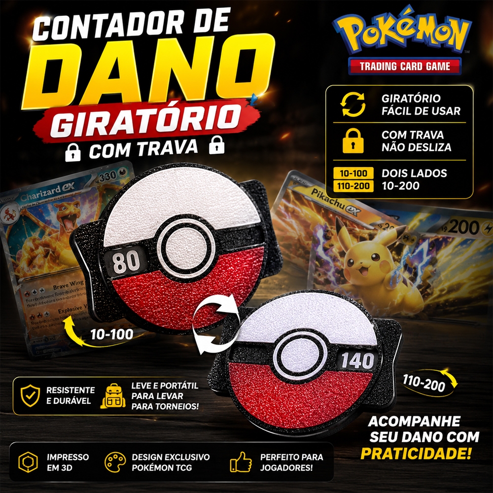 Marcador de Dano TCG Estilo Pokébola | Contador de HP 0-200 | Acessório para Cartas Pokémon