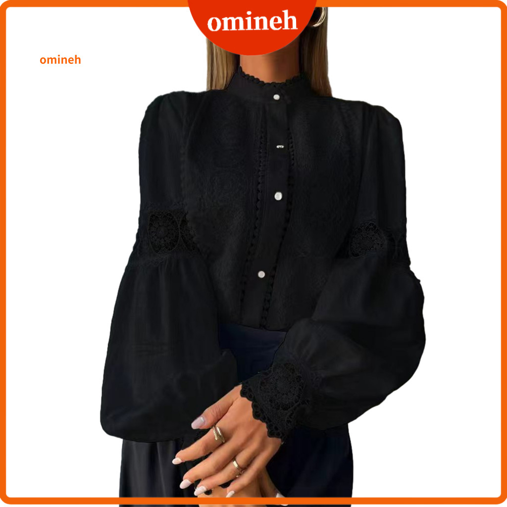 Skin Shirts Office Work Wear Women’s Embroidered Lace Blouse Fall Lantern Sleeve Shirt Stand Collar Button-down Top Fo