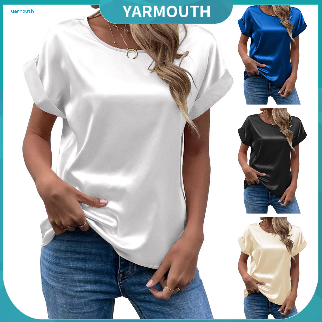 Soft Satin Fabric Blouse Women Top Women’s Loose Short Sleeve Crew Neck Summer Silky Shirt Work Office Wear Business O