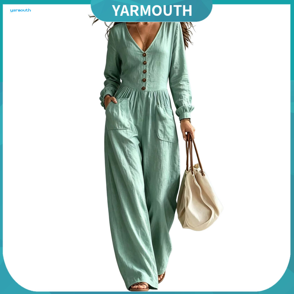 Commuter Work Wear Wide Leg Jumpsuit for Women Women’s Long Sleeve with Pockets Button-up V Neck Romper One-piece Outf