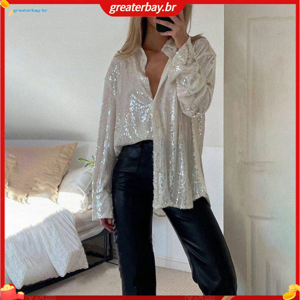Women’s Sequin Button-down Shirt Long Sleeve Shiny Blouse Loose Fit Top for Work Leisure Wear – Stylish Lapel Design