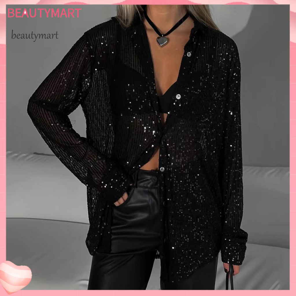 Stretchy Blouse Women’s Sequin Button-down Shirt Long Sleeve Shiny Casual Loose Fit Top for Work Leisure Wear – Styl