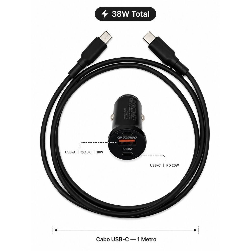 Carregador Veicular Com Cabo 1 Metro Turbo Usb-c 2 Portas Preto 20w Fast Charger