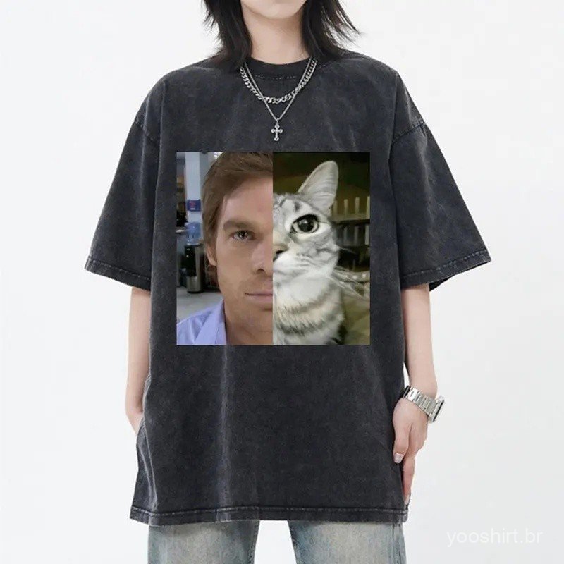 Washed Vintage Dexter Morgan Funny Cat Meme T-shirts Men Women Casual Oversized Short Sleeve T Shirt High Quality Cotton