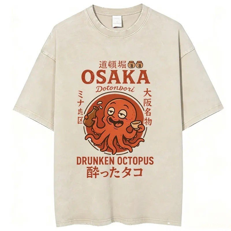 Vintage Washed Osaka Dotonbori Drunken Octopus Takoyaki Funny T Shirts Men Japanese Style Oversized Cotton Short Sleeve