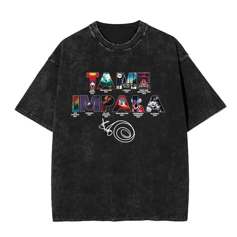 Washed Vintage Rock Band Tame Impala Music Album Cover Graphic T-shirt Men Women Fashion Casual Oversized Short Sleeve T