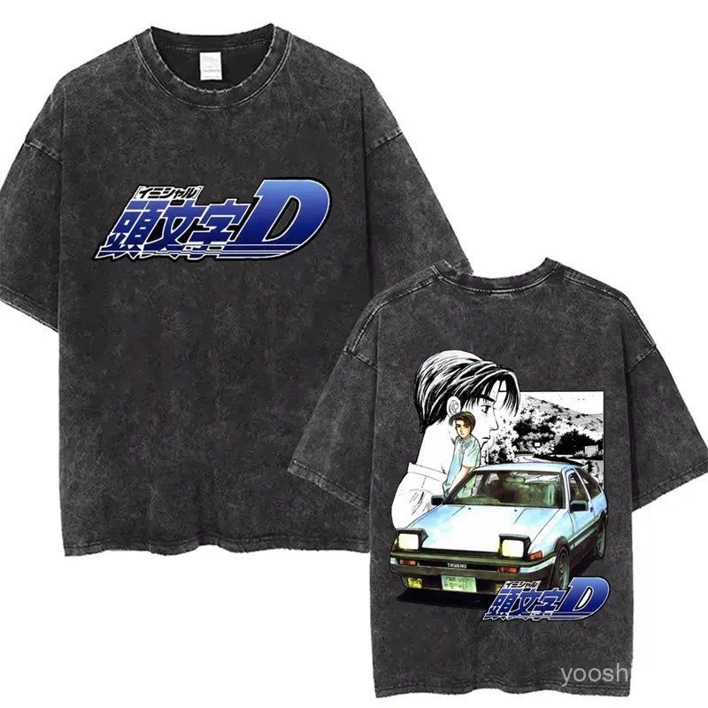 Hot Sale Anime Initial D Drift AE86 Fujiwara Takumi Vintage Washed T-shirts Men Manga Retro Oversized Short Sleeve T Shi
