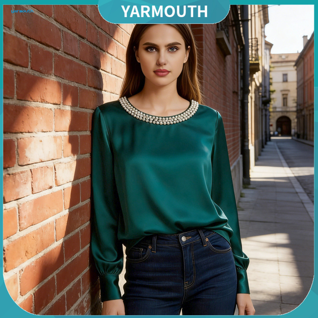 Women Blouse Regular Fit Shirt Women’s Satin Long Sleeve Top Round Neck Pullover with Faux Pearl Decor Loose for Wear