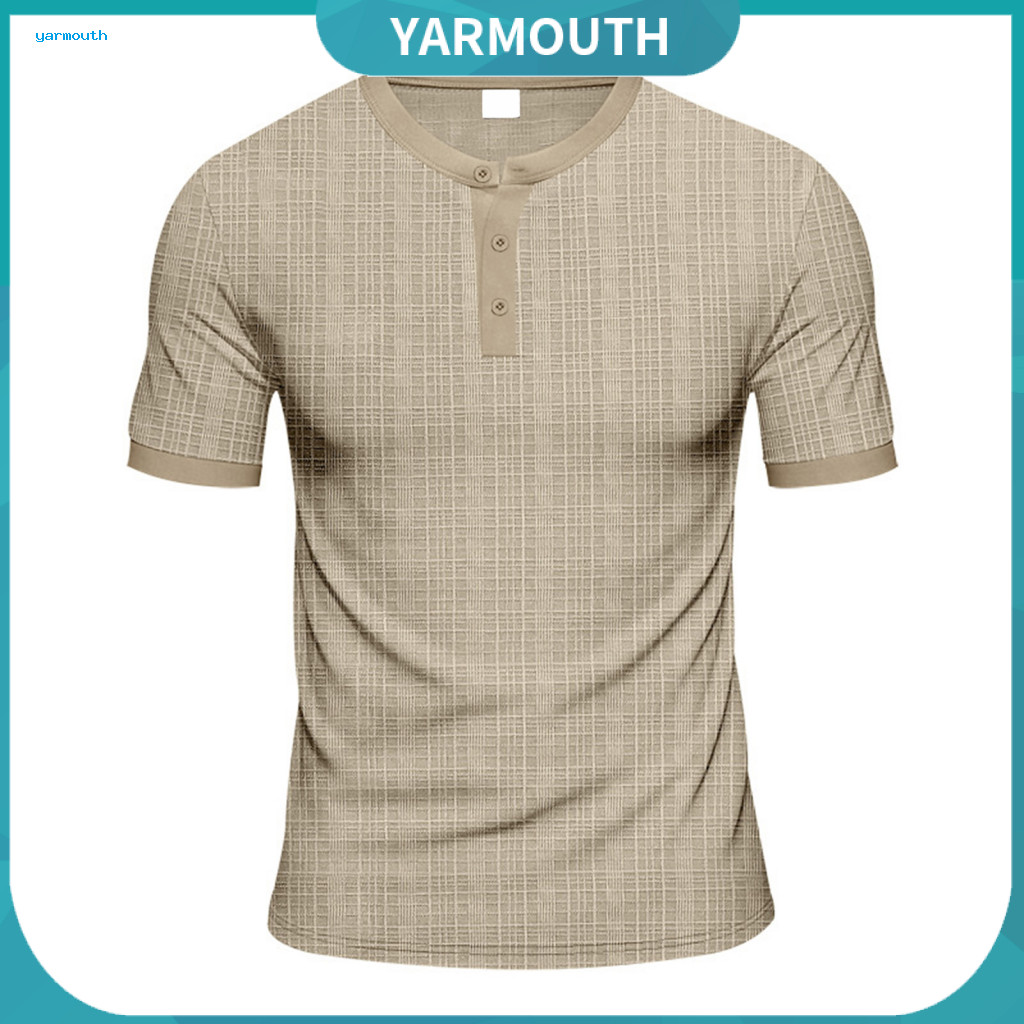 Solid Color Top Short Sleeve Tee Summer Men’s Loose Fit T-shirt American Style Buttoned Round Neck – Lightweight Bre
