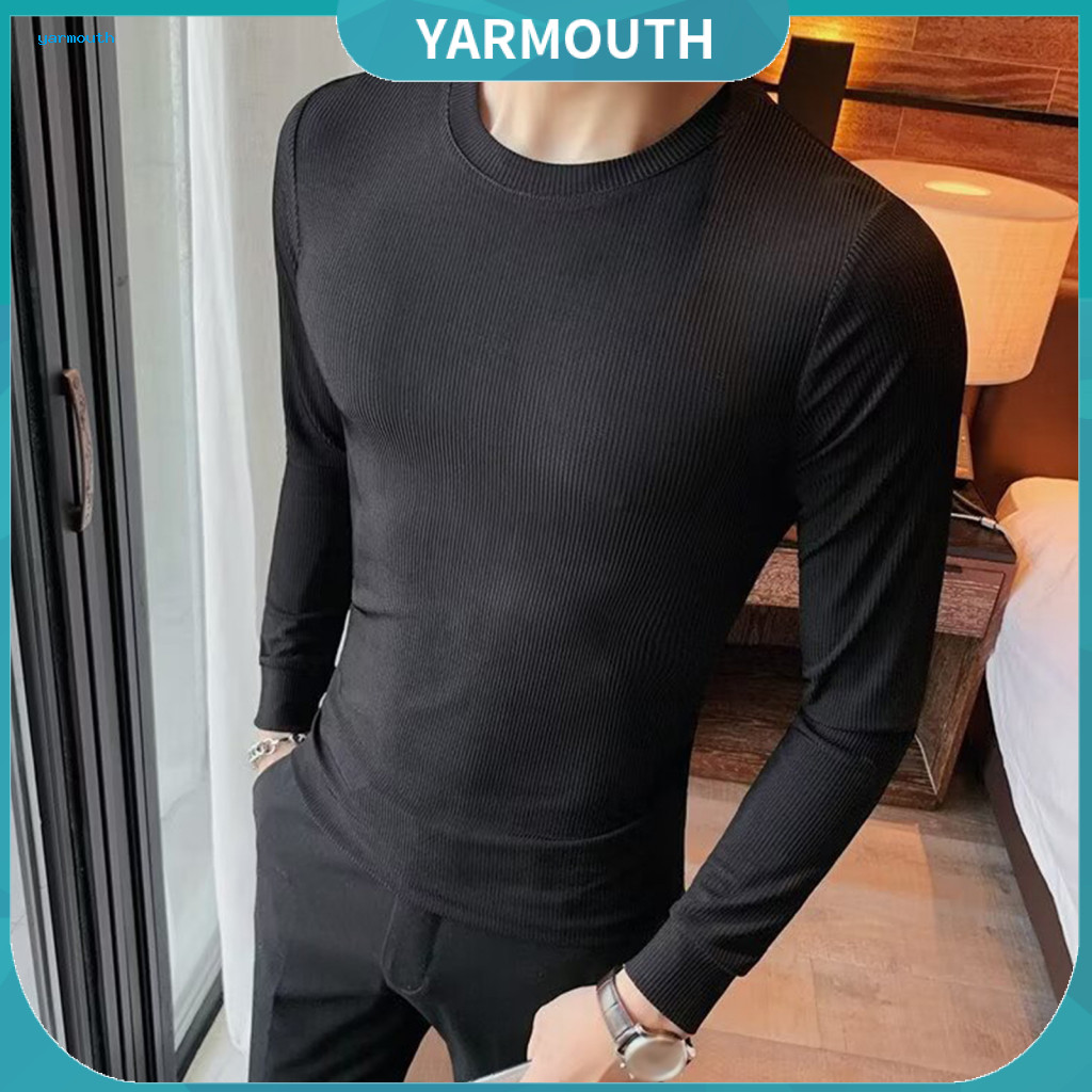 Round Neck Men Top Sleeve Spring Autumn Men’s Slim Fit Fitness Stretchy Long Pullover Solid Color Sport Shirt for Wint