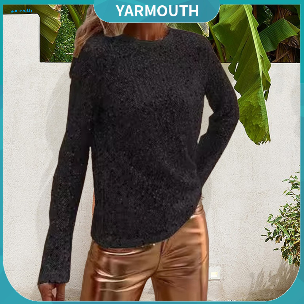 Figure-flattering Women Shirt Women’s Long Sleeve Round Neck Pullover Top with Shiny Sequin Decoration Regular Fit Blo