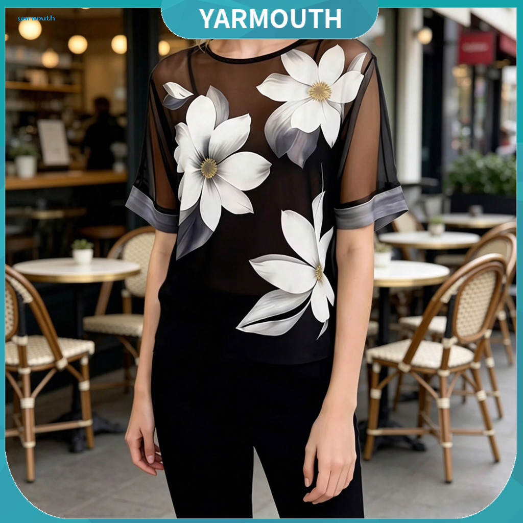 Comfortable Women Clothing Blouse Women’s Summer Chiffon T-shirt Loose Fit Flower Print Round Neck Short Sleeve Top Sh