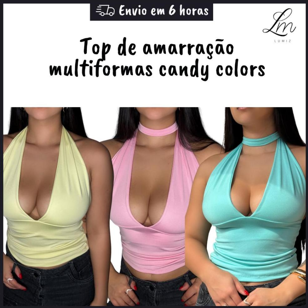 Blusa Cropped Feminina Com Amarração Frente Única Suplex Decote Candy Colors Verão