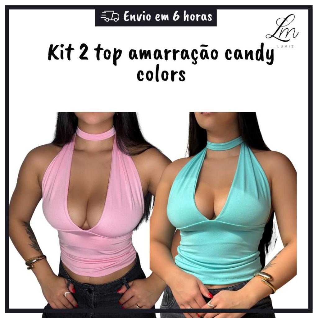 Kit 2 Blusas Cropped Feminina Com Amarração Frente Única Suplex Decote Candy Colors Verão