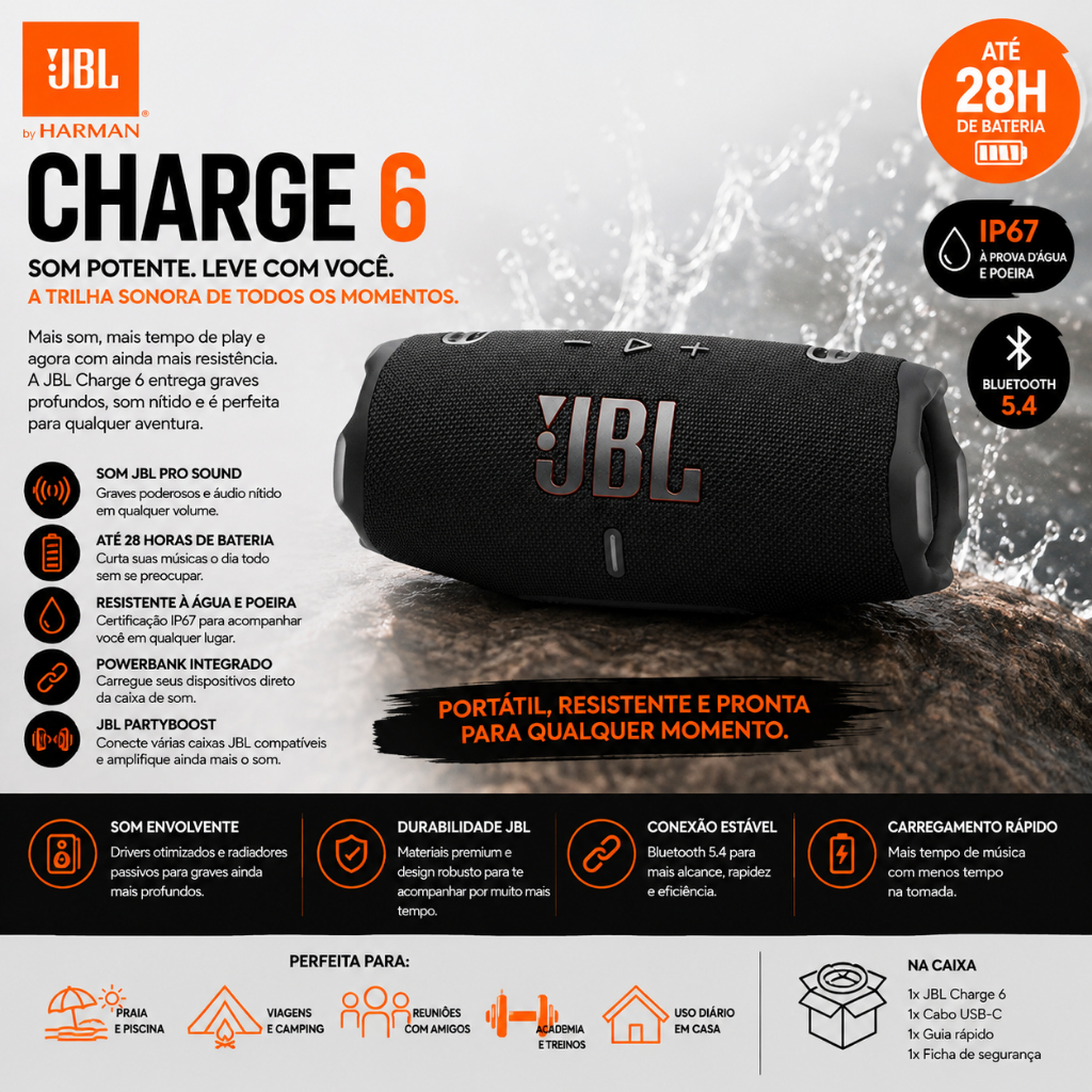 Caixa de Som JBL Charge 6 Bluetooth 5.4 Portátil Potente Resistente à Água Preta