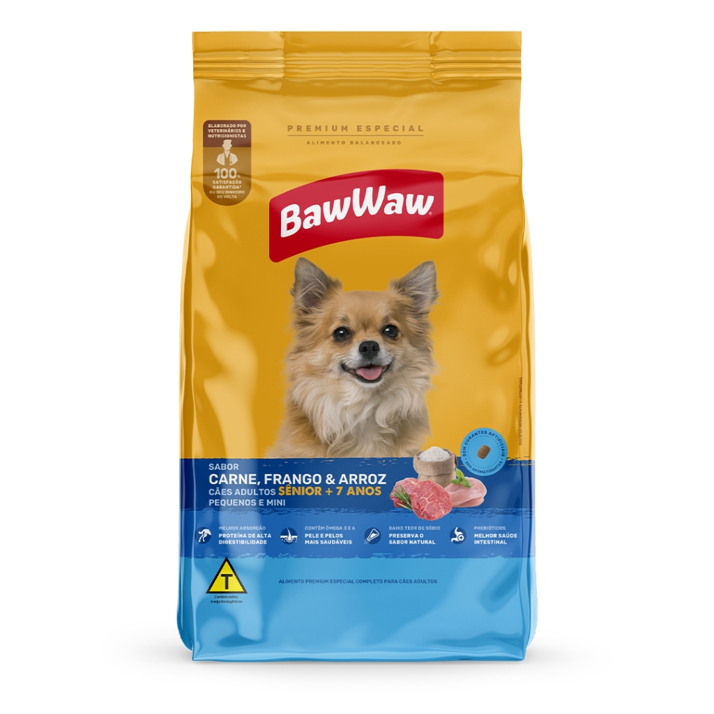 Baw Waw Ração Sênior p/ cães idosos 7 anos carne, frango e arroz 10,1kg