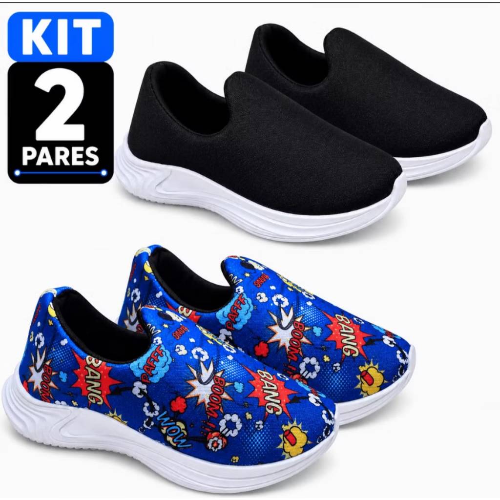 Kit 2 Pares Tênis Infantil Menino Calce Fácil Escolar Casual Confortável Antiderrapante Boom