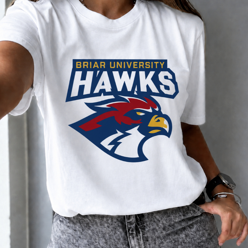 Blusa Briar  University Torcida Go Hawks Gola Redonda Camiseta 100% Algodão Unissex  Amores Improvaveis Off Campus Serie