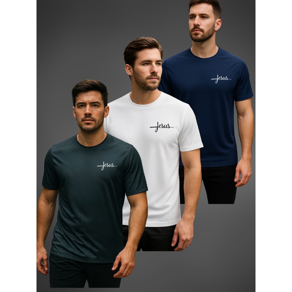 KIT com 3 Camisa Dry Fit  Masculina Modelo Jesus 01 Academia, Corrida, CrossFit, Ideal Para Treinos Intensos, Esportivo