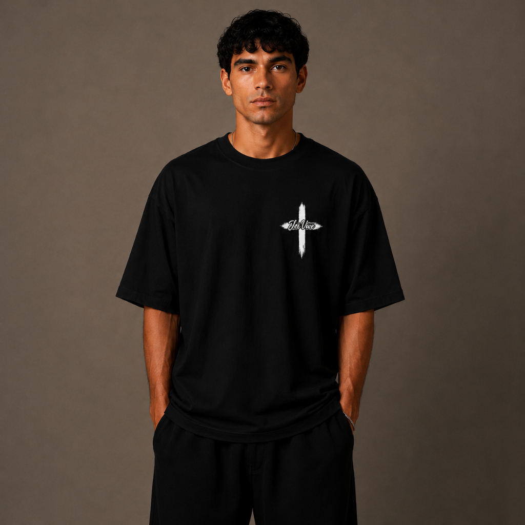 Camiseta Oversized Masculina Jesus Cristo Cross Stretwear Premium Preta Gospel Casual Unissex Academia Moda Crista