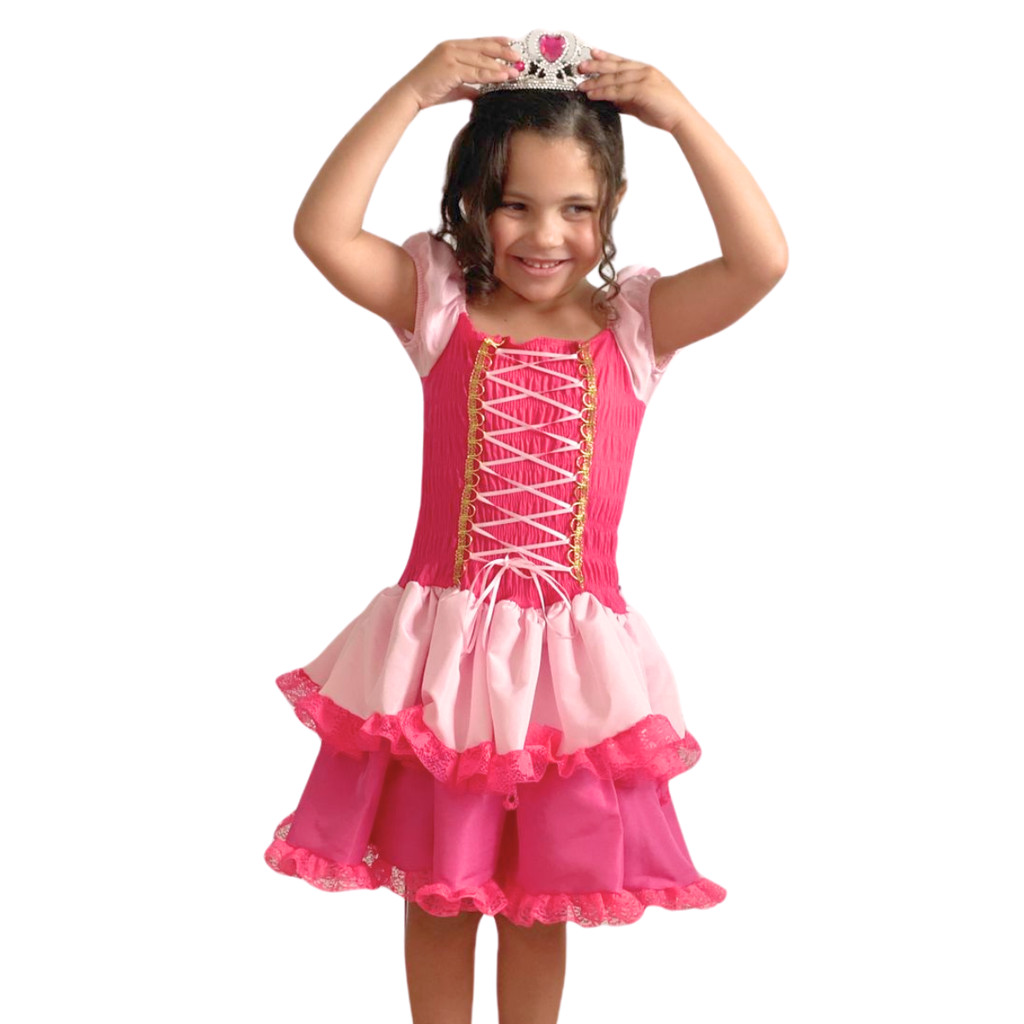 Vestido Rosa Fantasia Infantil Princesa + Tiara