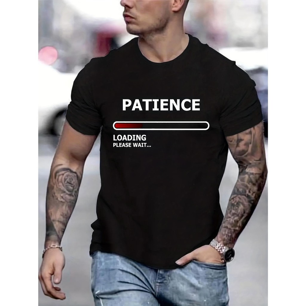 tee Graphic Funny Men's Patience Stuffer – Camiseta Preta casual De Manga Curta Com design De Listras