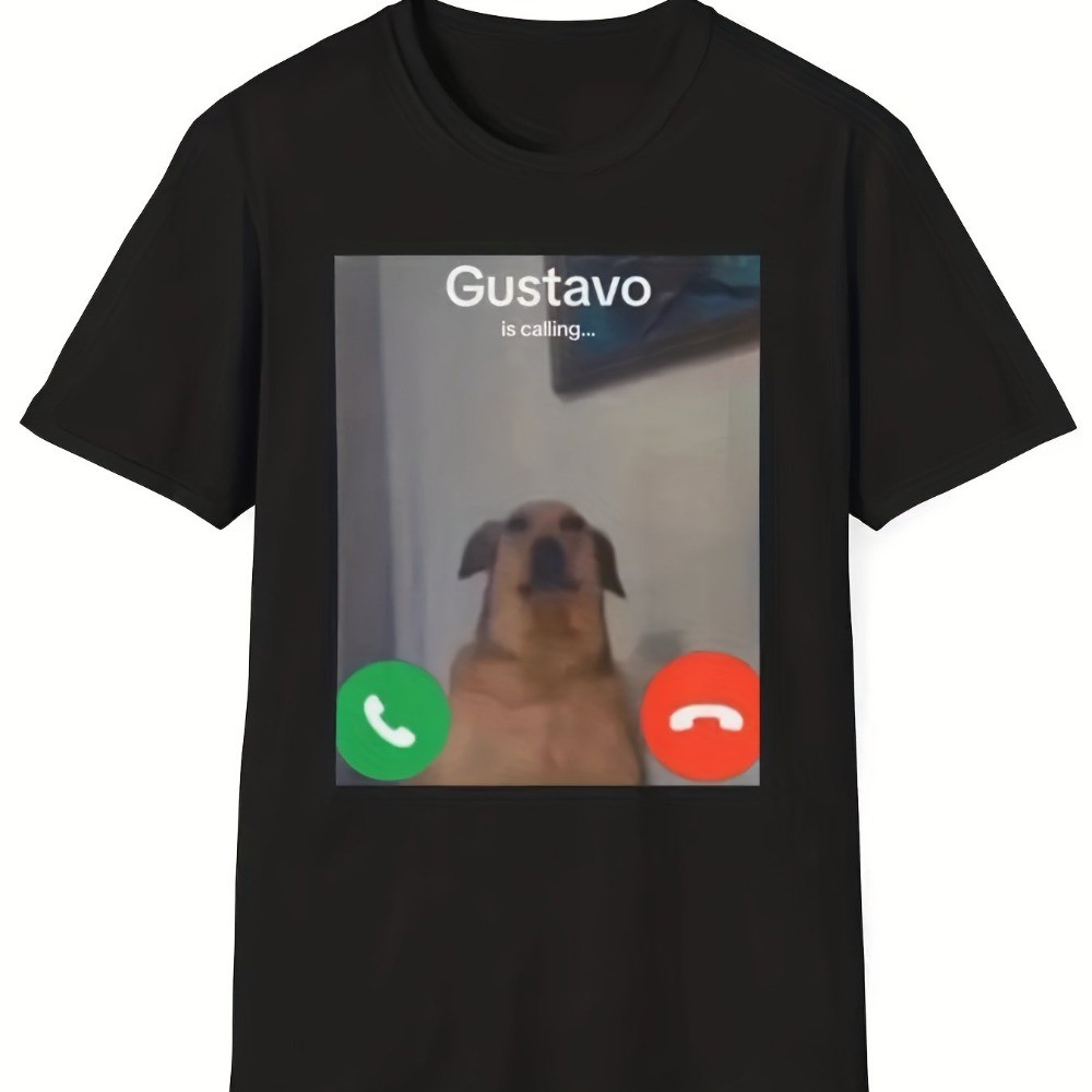 Gustavo The Dog'S Funny Phone Call Graphic Camiseta Feminina Preta Casual Manga Curta Gola Redonda Com 