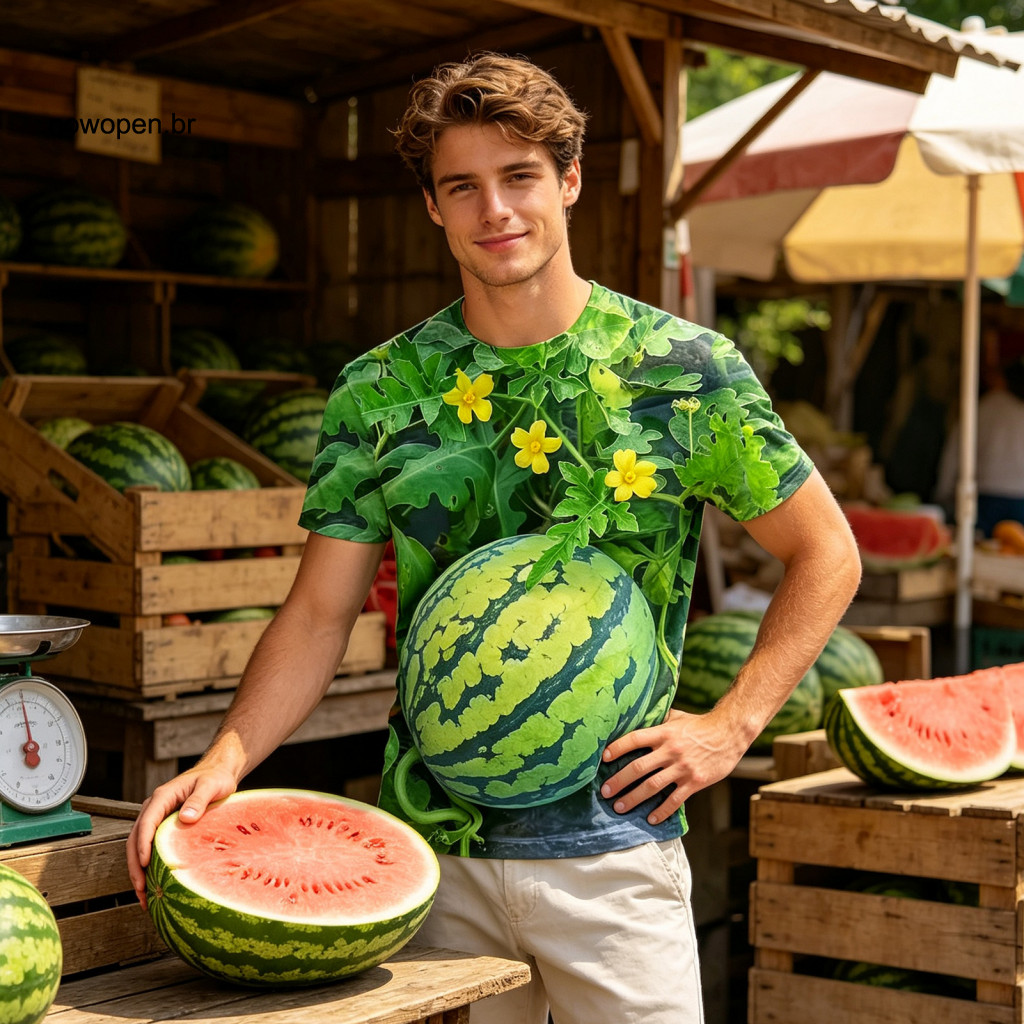 Vivid Fruit Pattern Apparel 3d Graphic Tee Big Belly Watermelon T-shirt Funny Print Short Sleeve Crew Neck Shirt Novelty