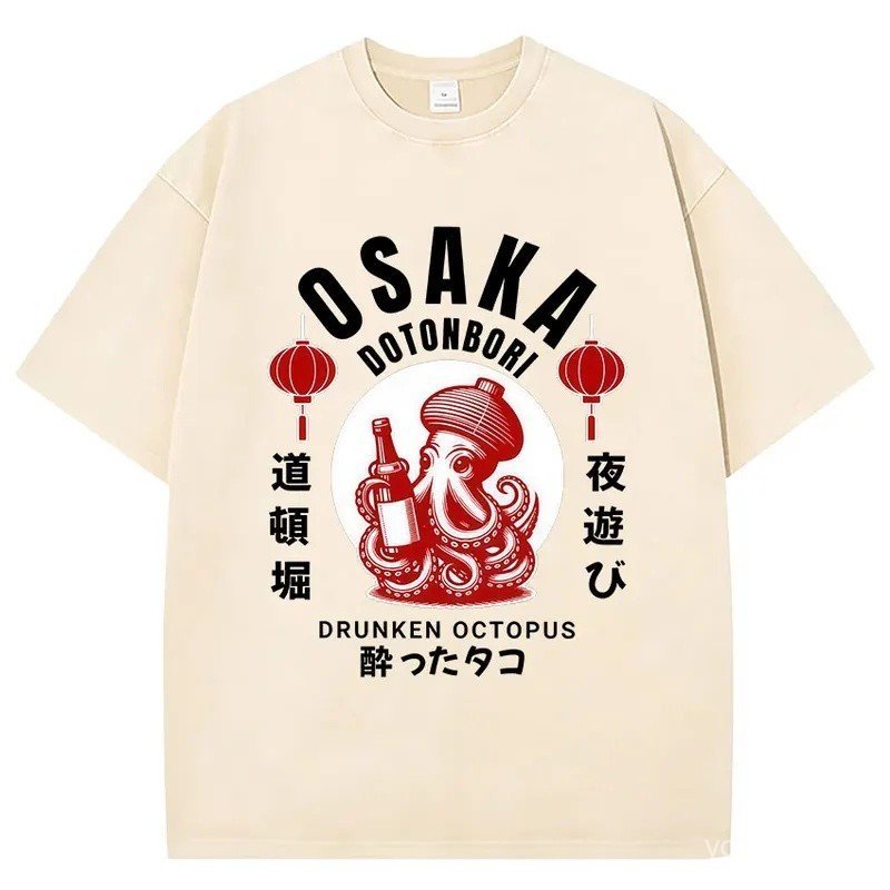 Vintage Washed Osaka Dotonbori Drunken Octopus Funny Graphic T Shirts Japanese Harajuku Short Sleeve Men's Women Cotton