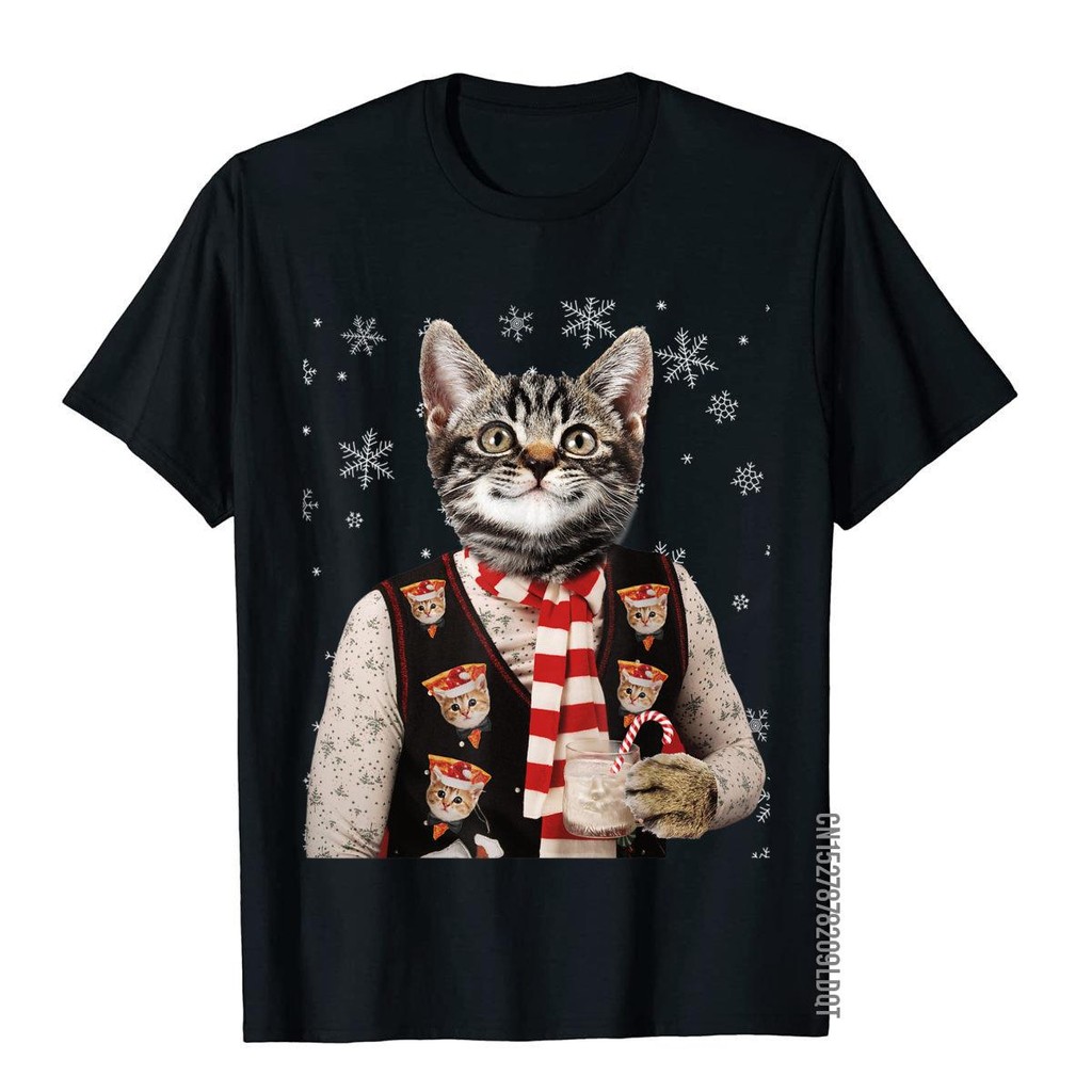 Hipster Gato Vestindo Pizza Camisola Engraçado Natal Camiseta Oversized High Street Topo Camisetas De Algodão Masculino