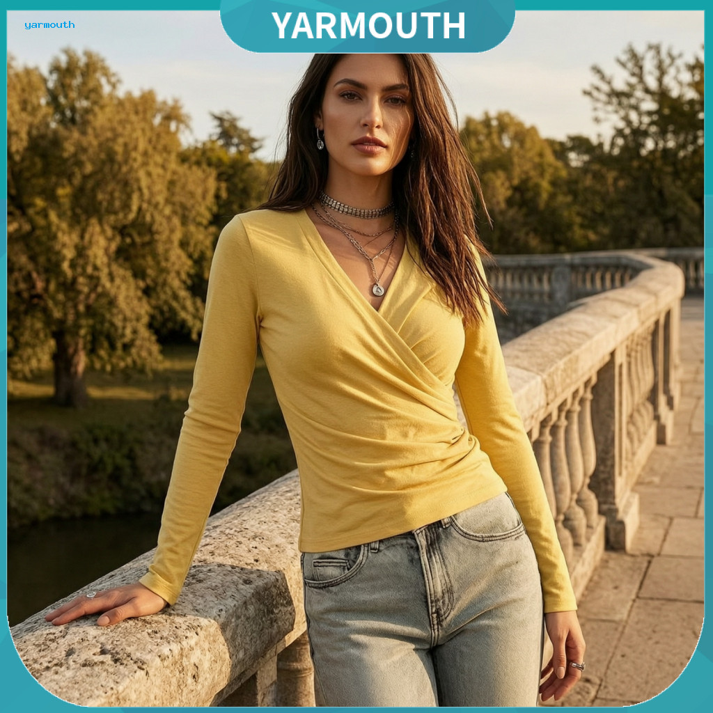 Women Long Sleeve Blouse V-neck Pleated Shirt Women’s Slim Fit Solid Color Fall Top for Office and Wear Stylish Comfor