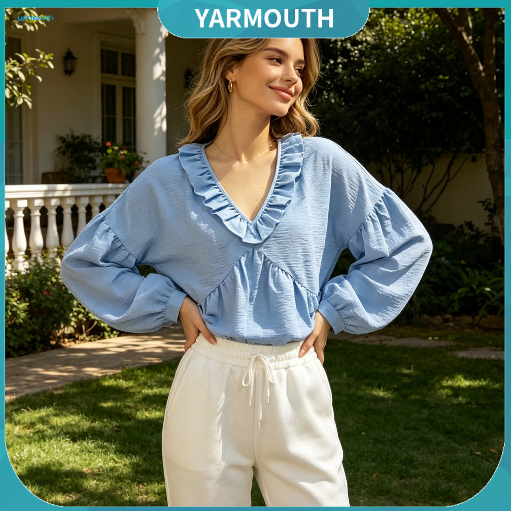Layered Design Shirt Loose Fit Blouse Women’s Ruffle V-neck Lantern Sleeve Top Pleated Solid Color for Fall – Stylis
