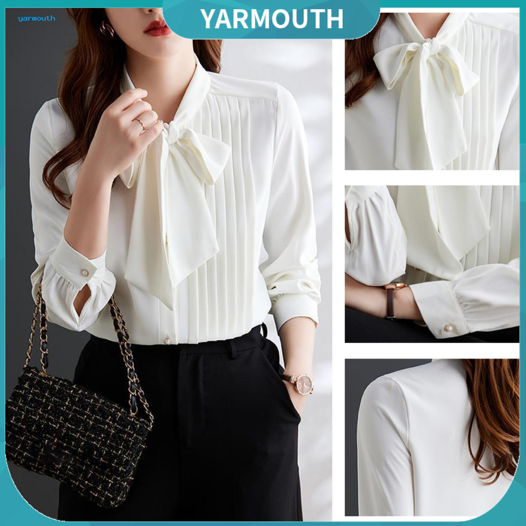 Casual Women Blouse Shirt Women’s Stand Collar Chiffon Lace-up Bowknot Long Sleeve Pleated Pullover Top Solid Color Lo