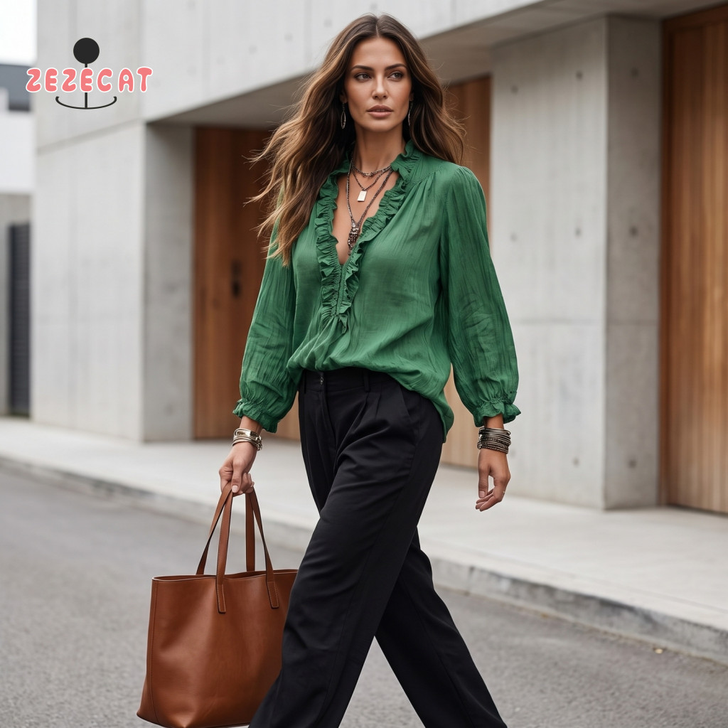 Long Sleeve Blouse Solid Color Pullover Women’s Casual Ruffle V-neck Top Loose Retro Pleated Autumn Shirt for Everyday
